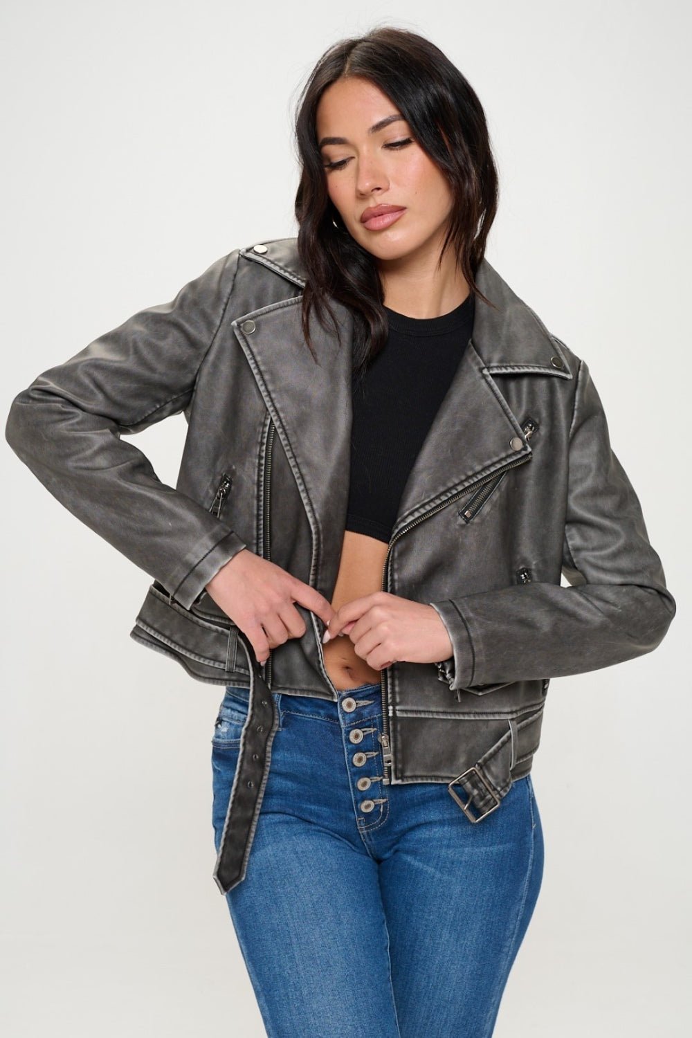 Coalition LA Zip Up Biker Jacket with Belt - Admiresty