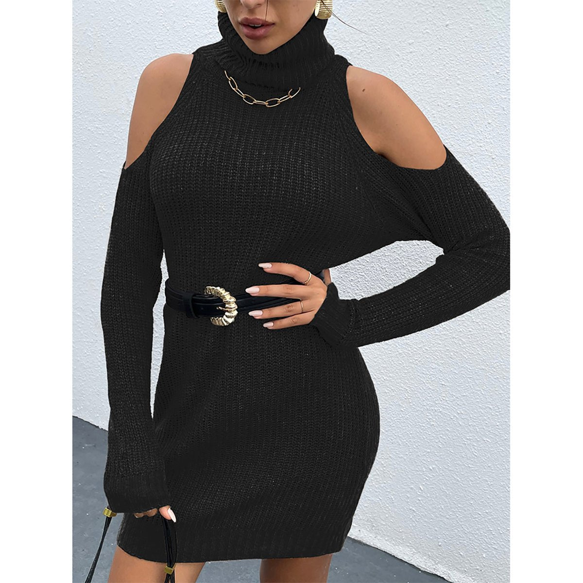 Cold Shoulder Turtleneck Sweater Dress - Admiresty