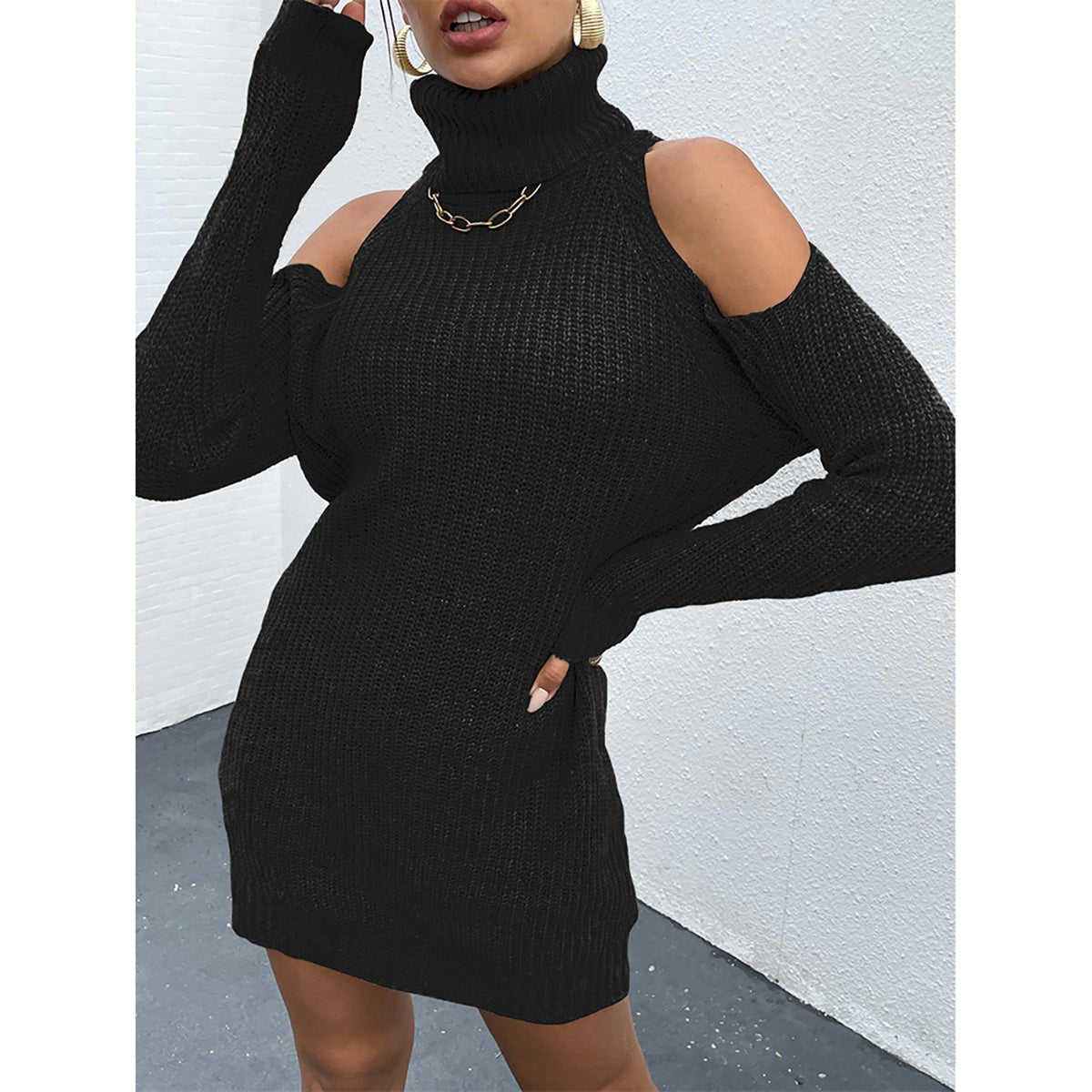 Cold Shoulder Turtleneck Sweater Dress - Admiresty