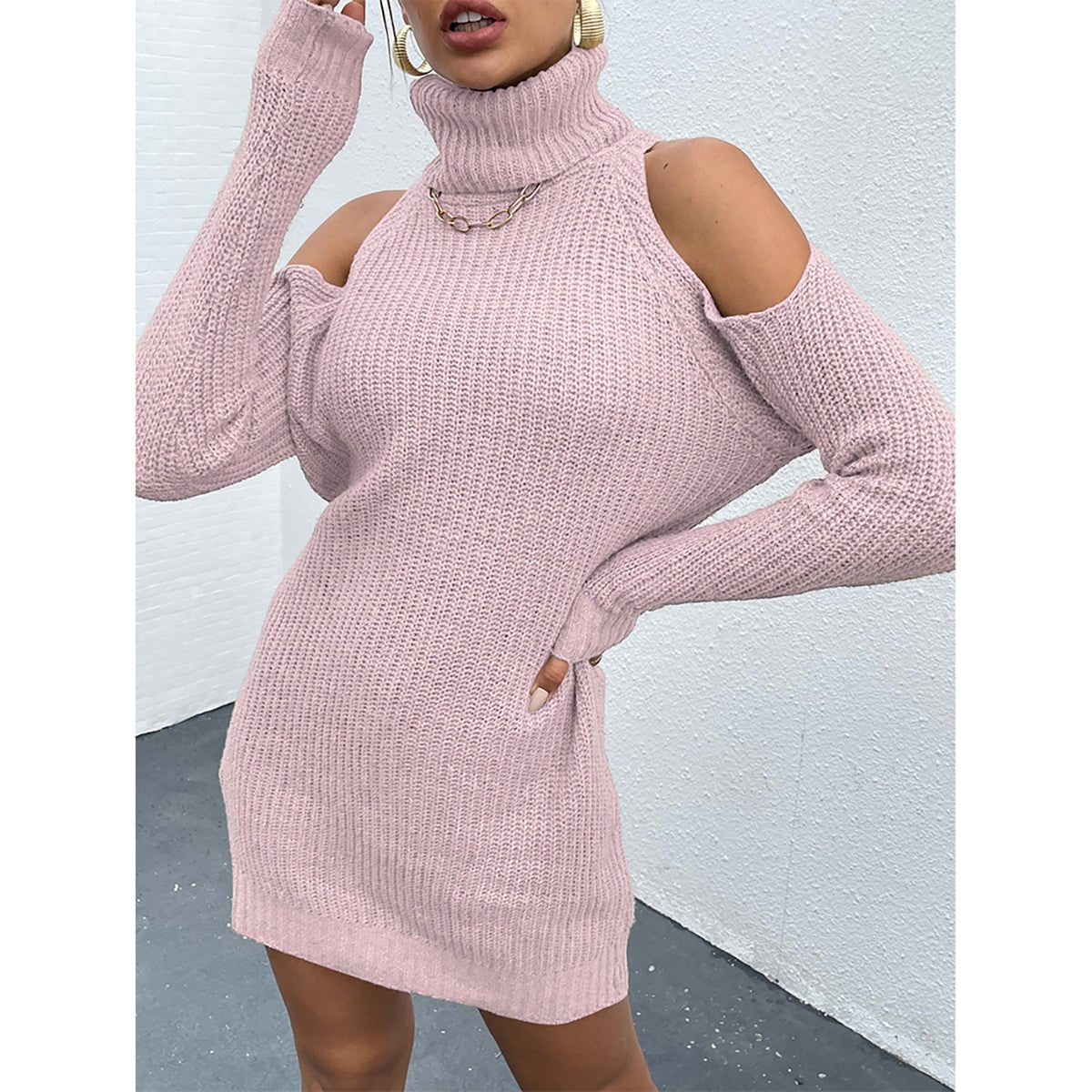 Cold Shoulder Turtleneck Sweater Dress - Admiresty