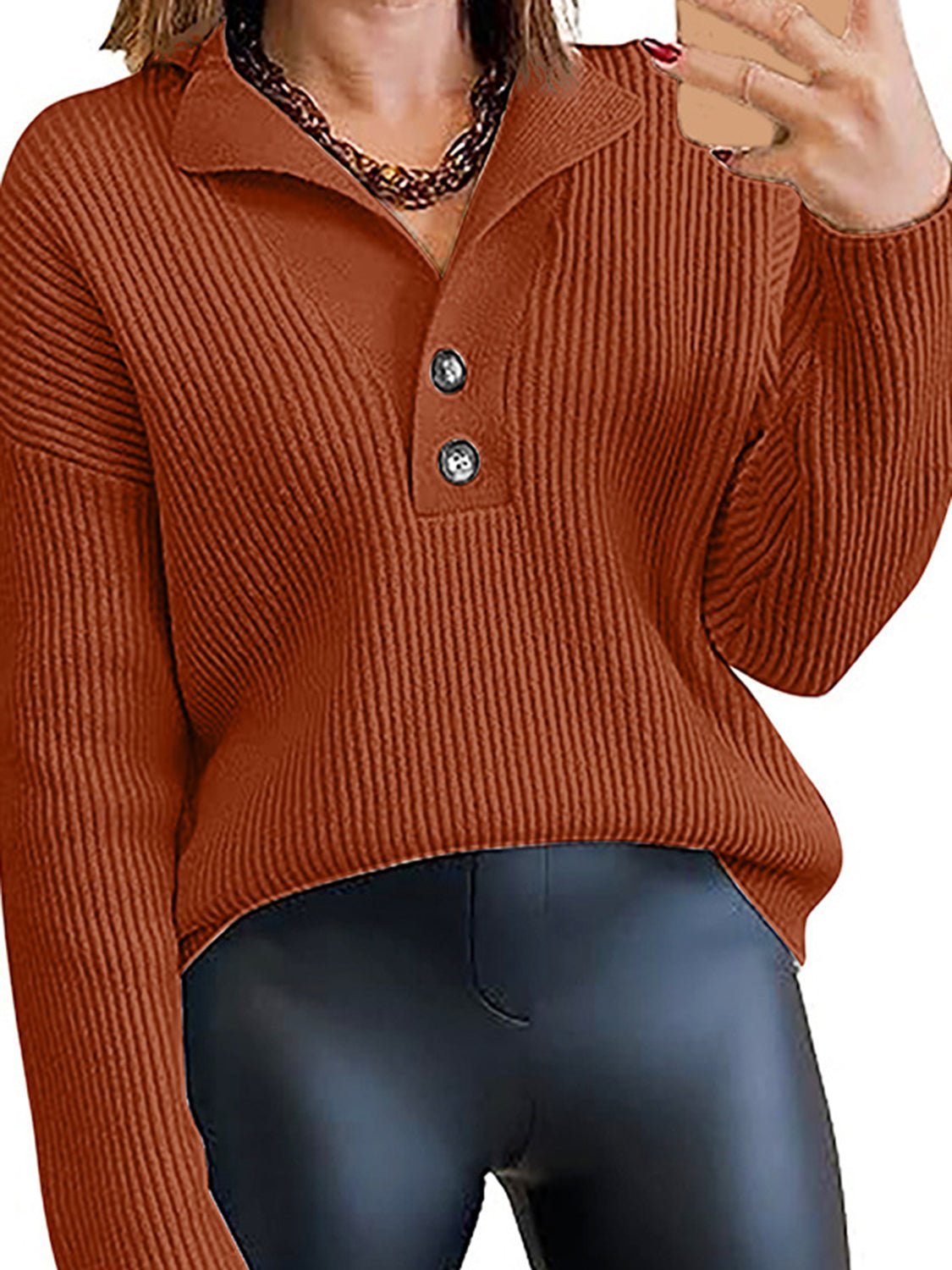 Collared Neck Half Button Knit Top - Admiresty