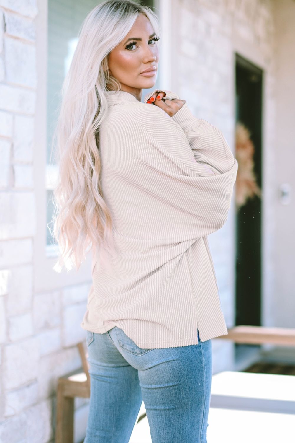 Collared Neck Half Button Long Sleeve Blouse - Admiresty