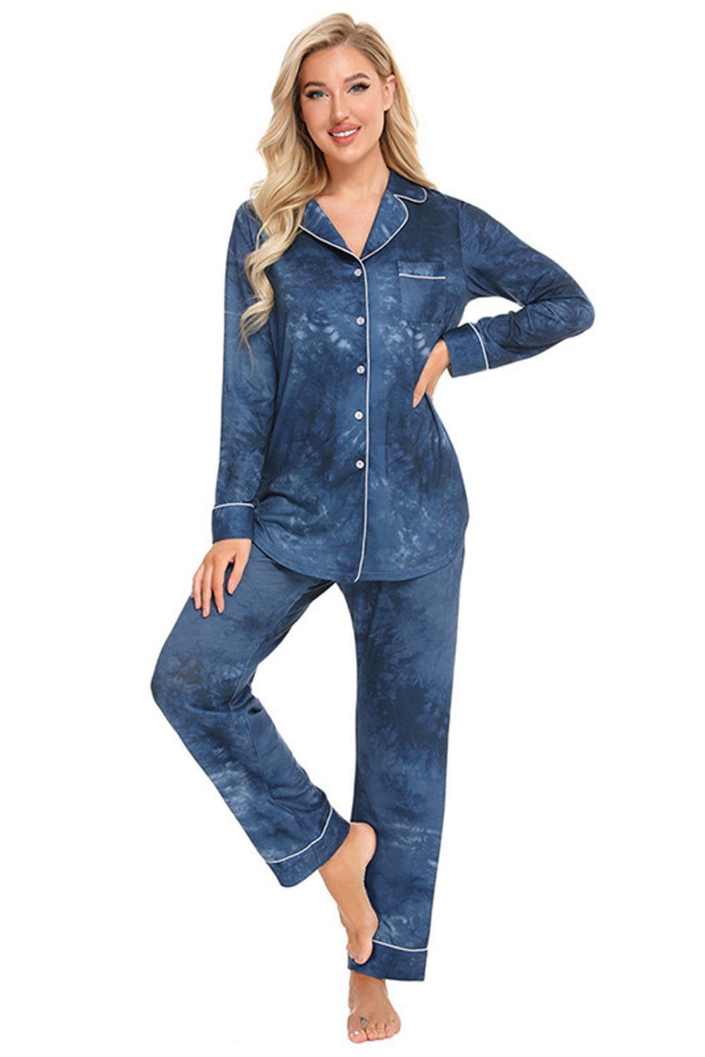 Collared Neck Long Sleeve Loungewear Set with Pockets - Admiresty