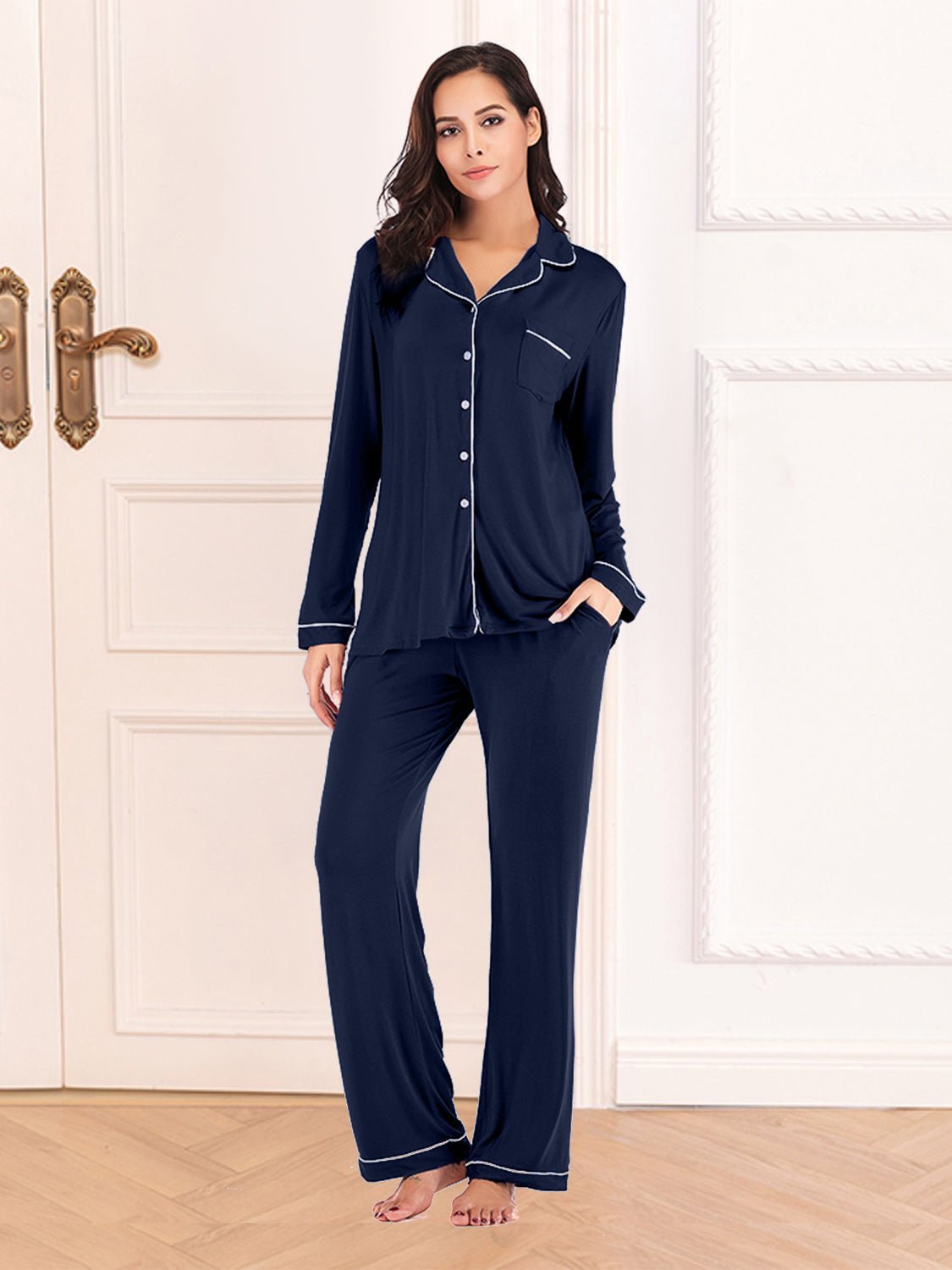 Collared Neck Long Sleeve Loungewear Set with Pockets - Admiresty