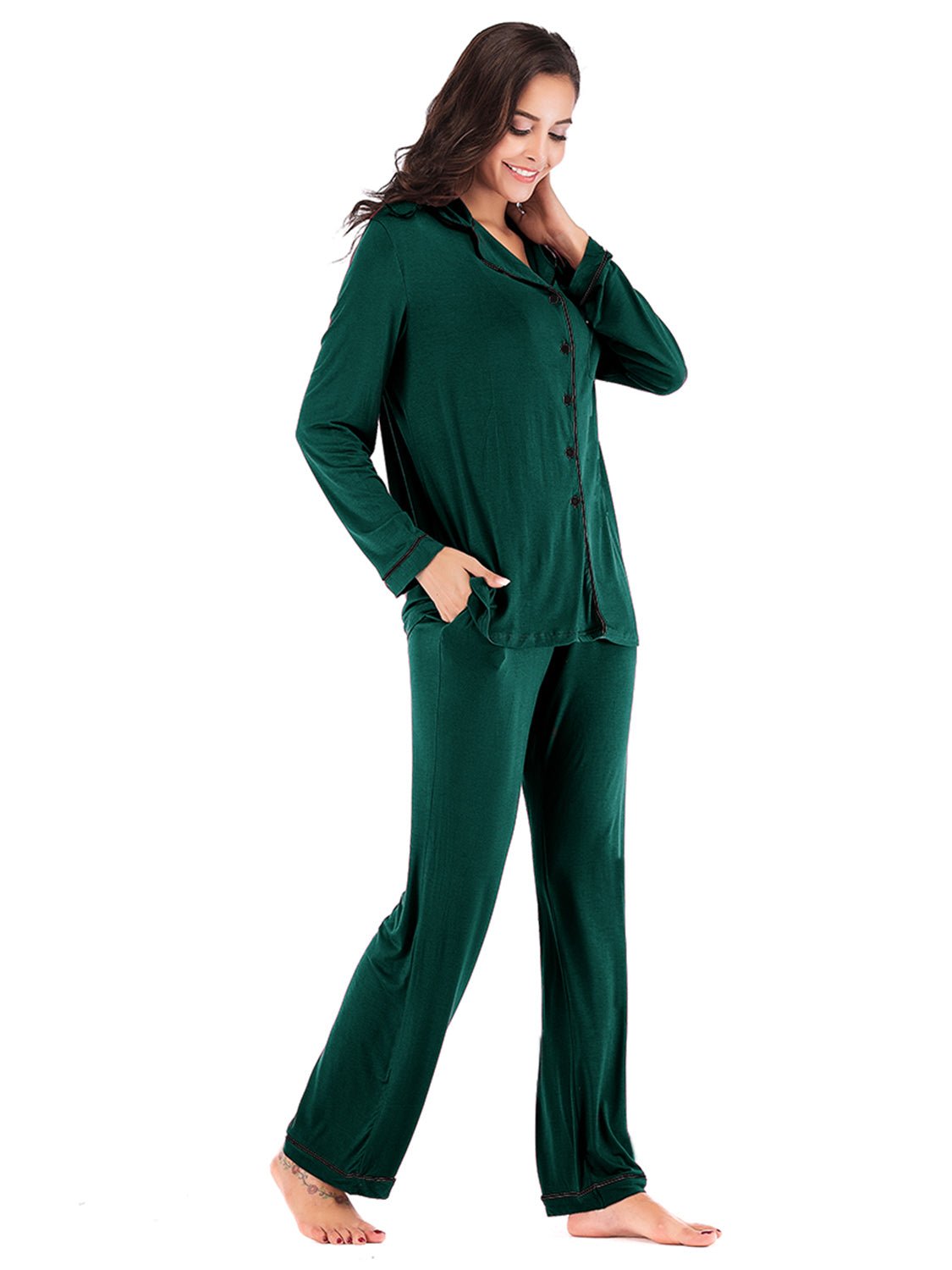 Collared Neck Long Sleeve Loungewear Set with Pockets - Admiresty