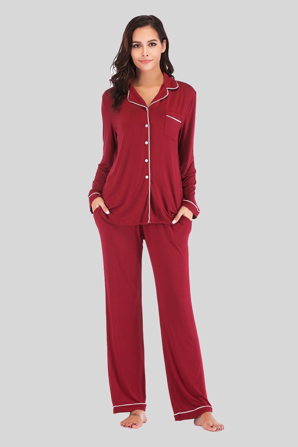 Collared Neck Long Sleeve Loungewear Set with Pockets - Admiresty