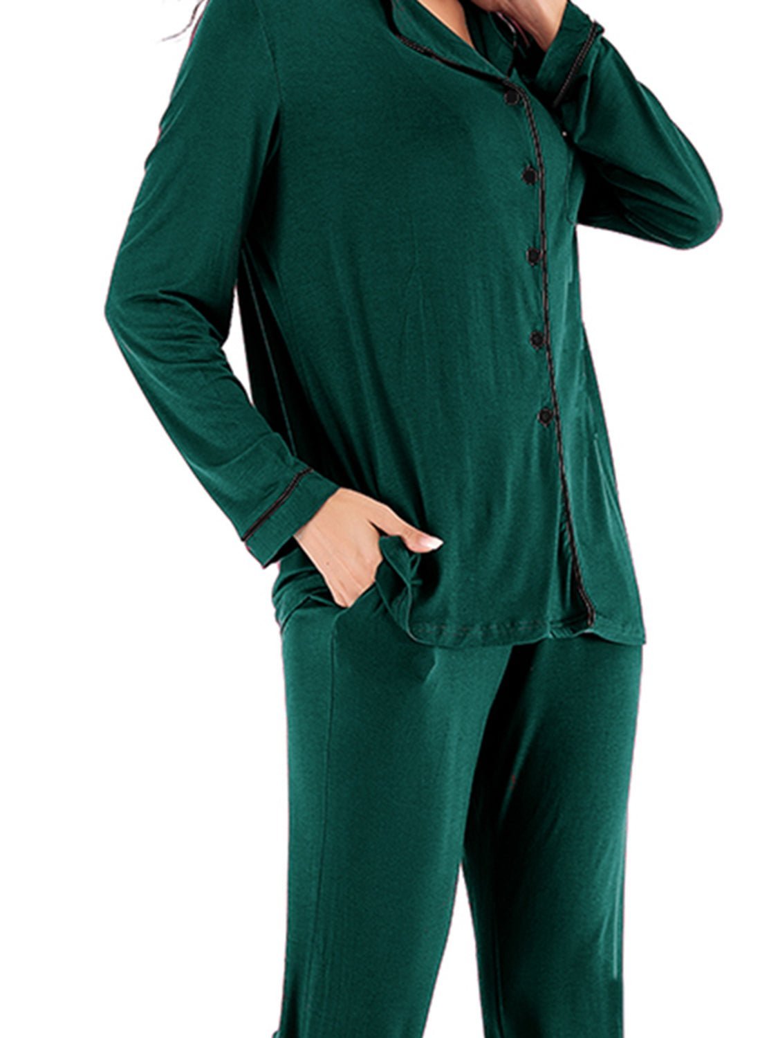 Collared Neck Long Sleeve Loungewear Set with Pockets - Admiresty