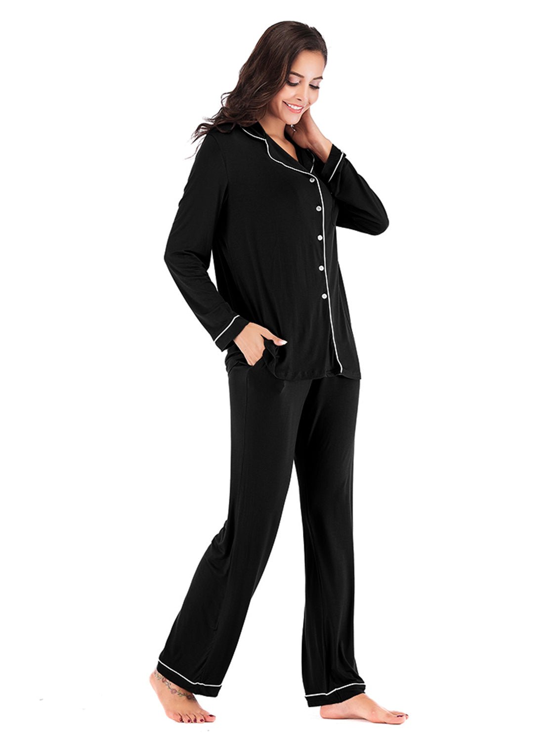 Collared Neck Long Sleeve Loungewear Set with Pockets - Admiresty