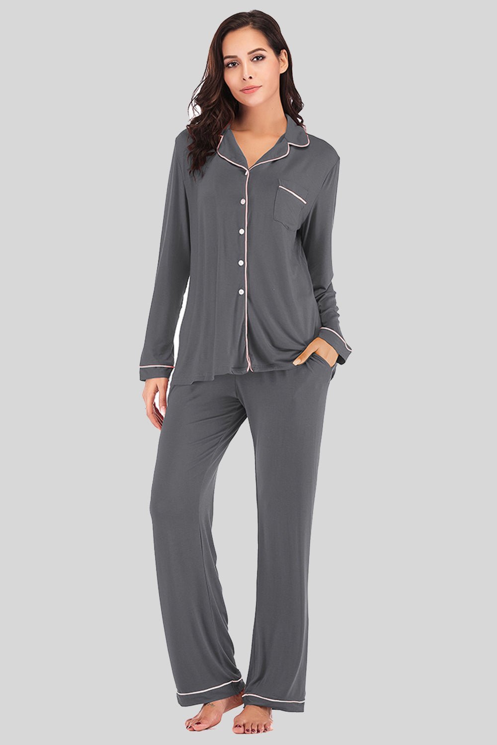 Collared Neck Long Sleeve Loungewear Set with Pockets - Admiresty