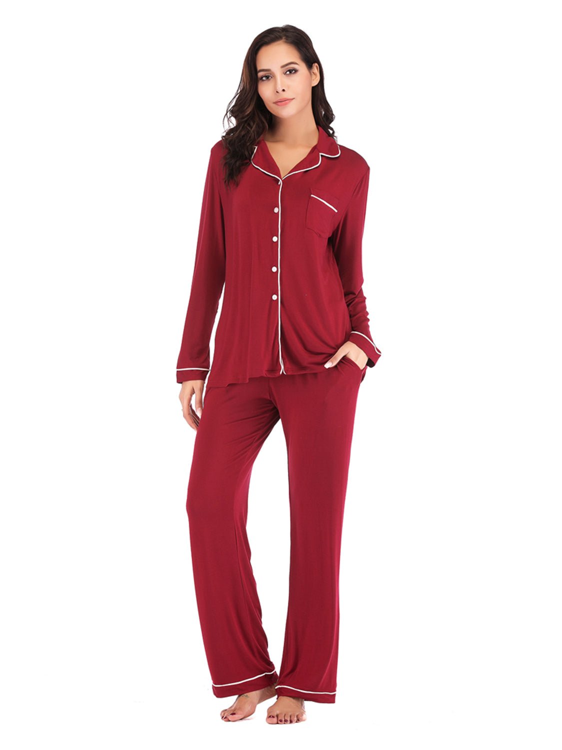 Collared Neck Long Sleeve Loungewear Set with Pockets - Admiresty