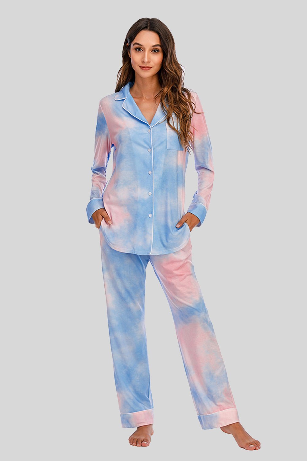 Collared Neck Long Sleeve Loungewear Set with Pockets - Admiresty