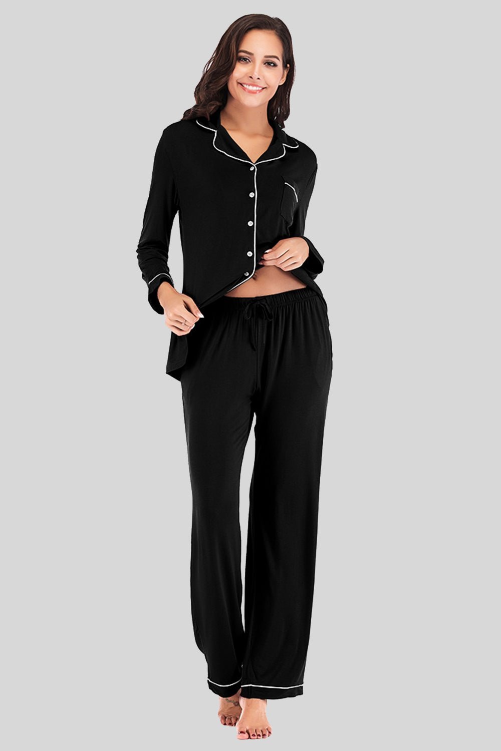 Collared Neck Long Sleeve Loungewear Set with Pockets - Admiresty