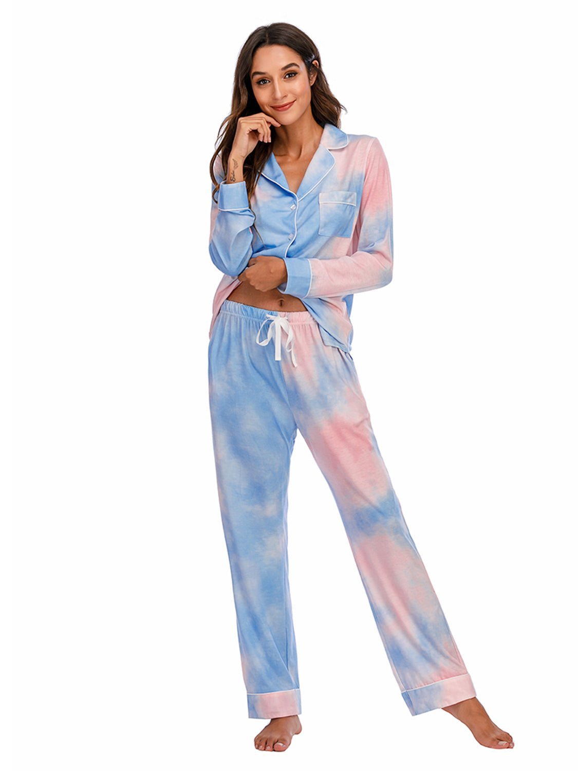 Collared Neck Long Sleeve Loungewear Set with Pockets - Admiresty