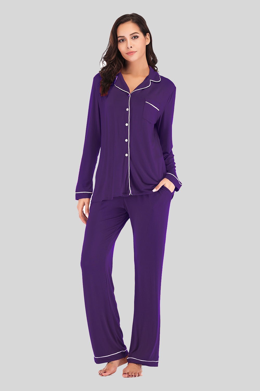 Collared Neck Long Sleeve Loungewear Set with Pockets - Admiresty