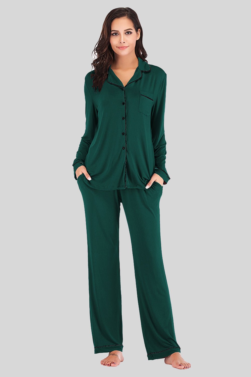 Collared Neck Long Sleeve Loungewear Set with Pockets - Admiresty