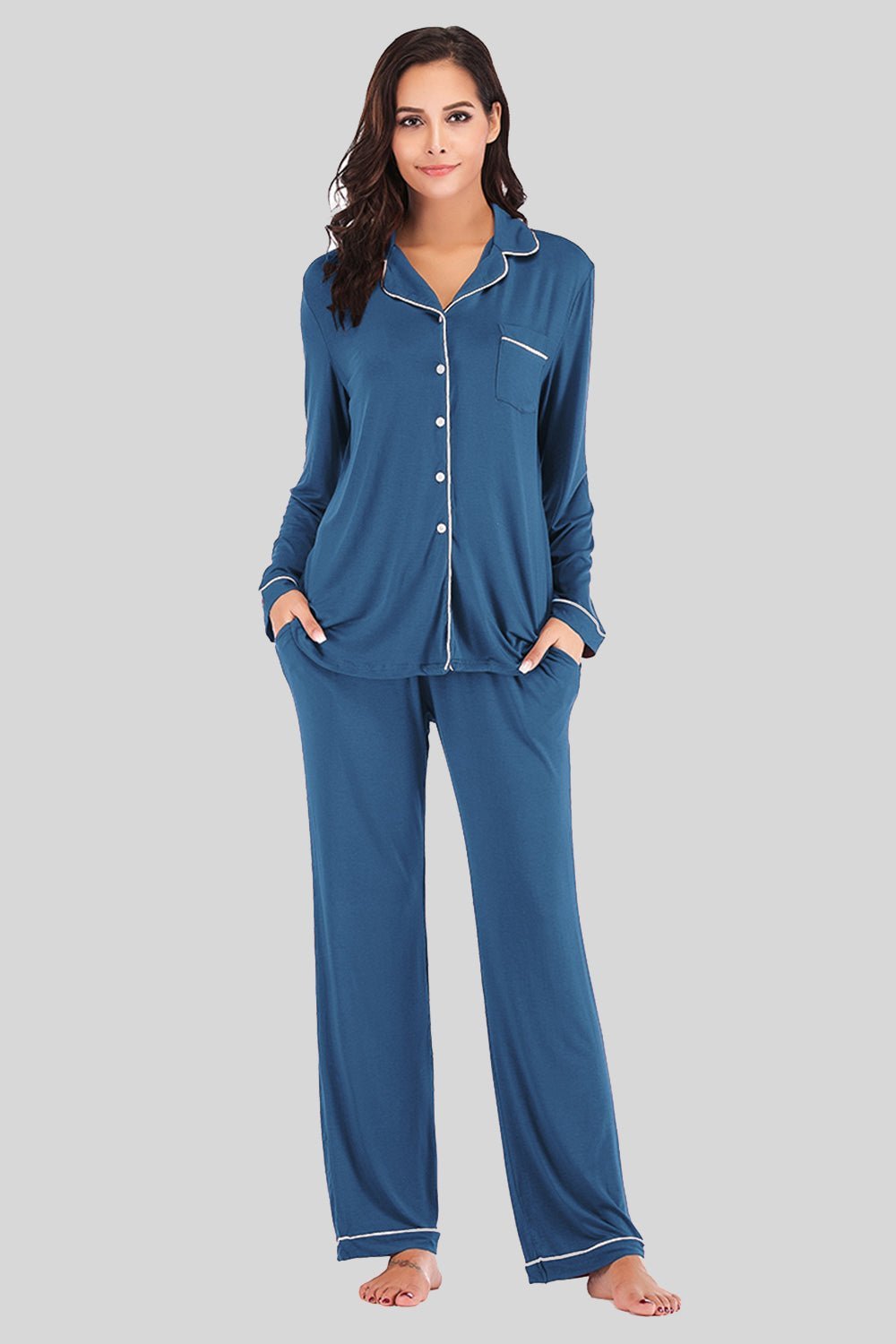 Collared Neck Long Sleeve Loungewear Set with Pockets - Admiresty