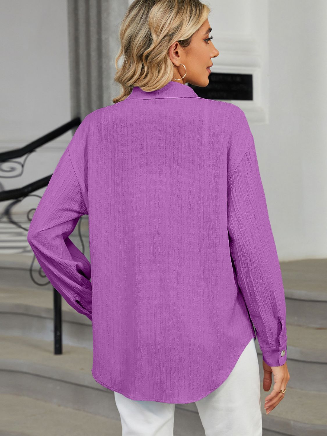 Collared Neck Long Sleeve Shirt - Admiresty