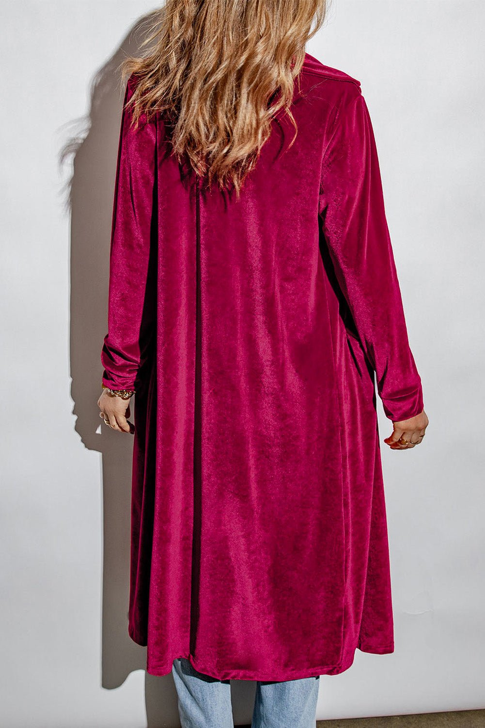 Collared Neck Longline Velvet Cardigan with Pockets - Admiresty