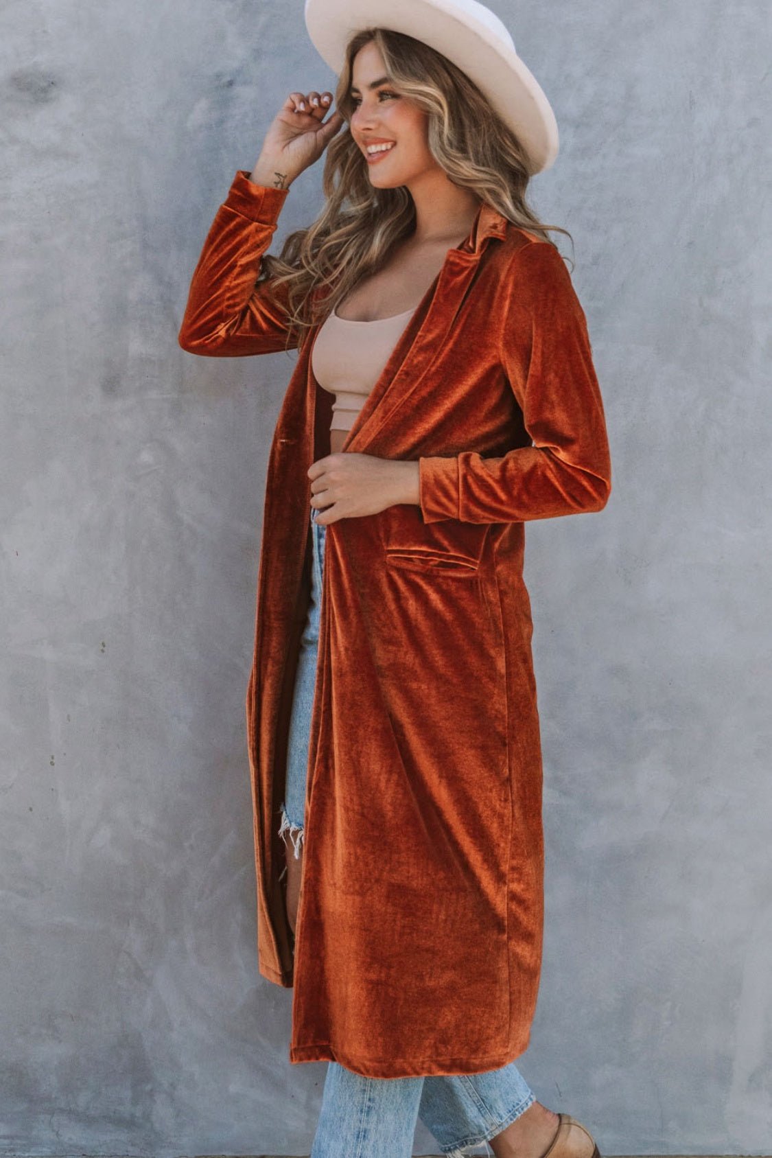 Collared Neck Longline Velvet Cardigan with Pockets - Admiresty