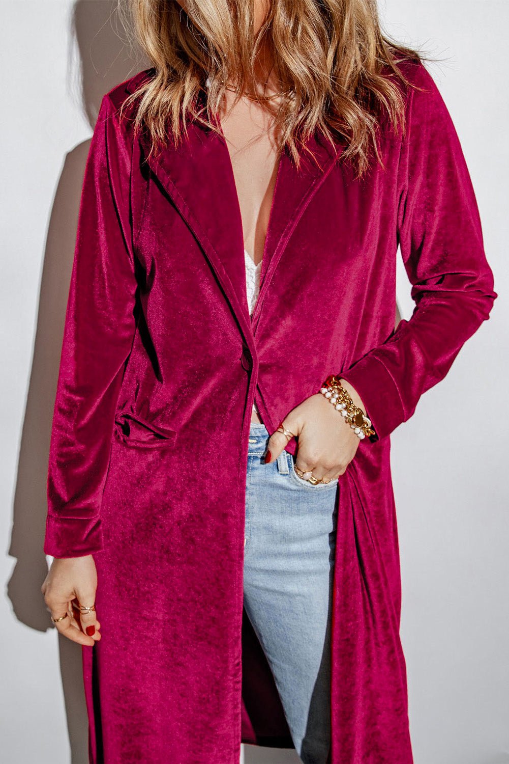 Collared Neck Longline Velvet Cardigan with Pockets - Admiresty