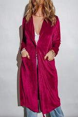 Collared Neck Longline Velvet Cardigan with Pockets - Admiresty