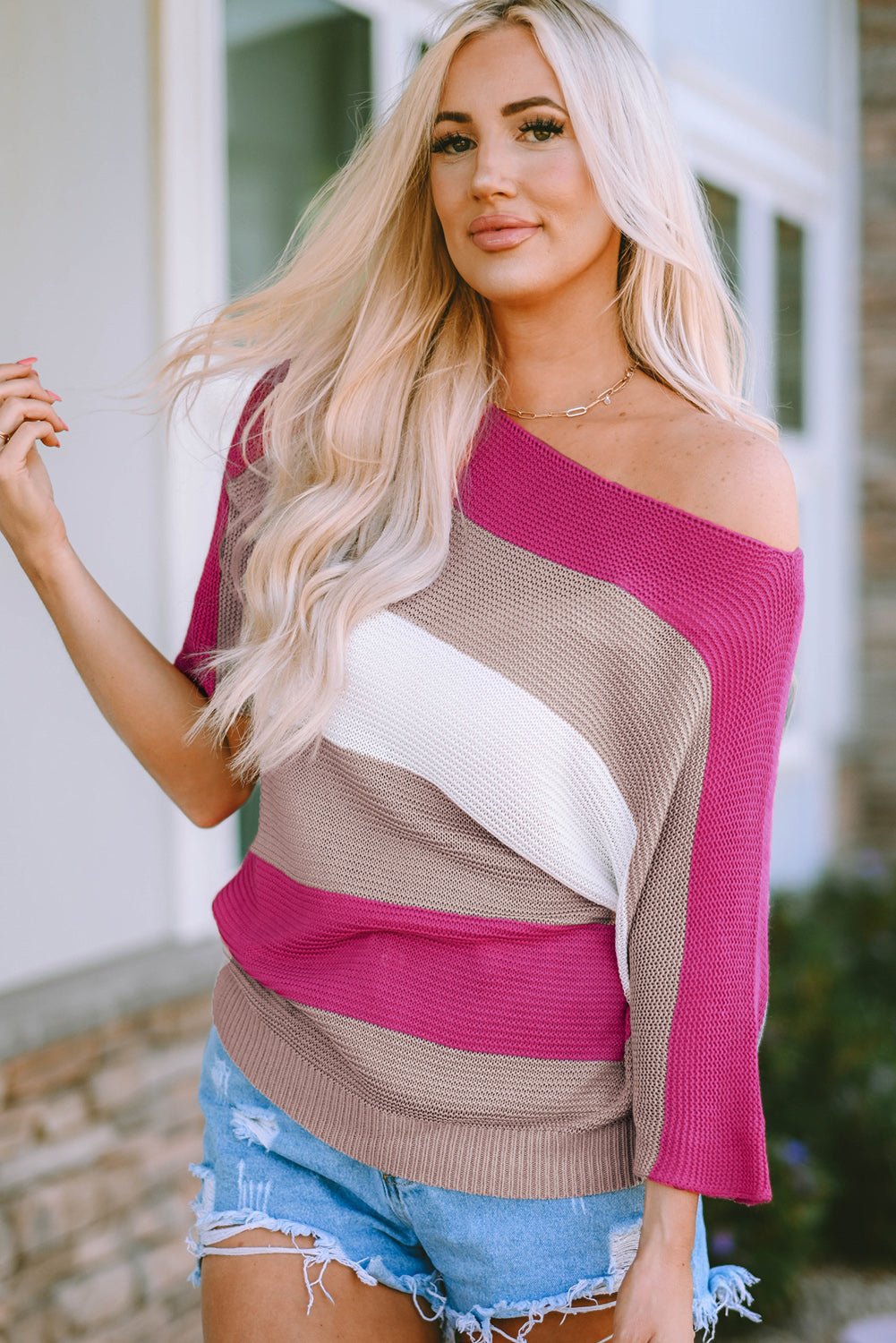 Color Block Boat Neck Half Sleeve Knit Top - Admiresty