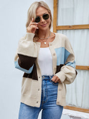 Color Block Button Up Lantern Sleeve Cardigan - Admiresty