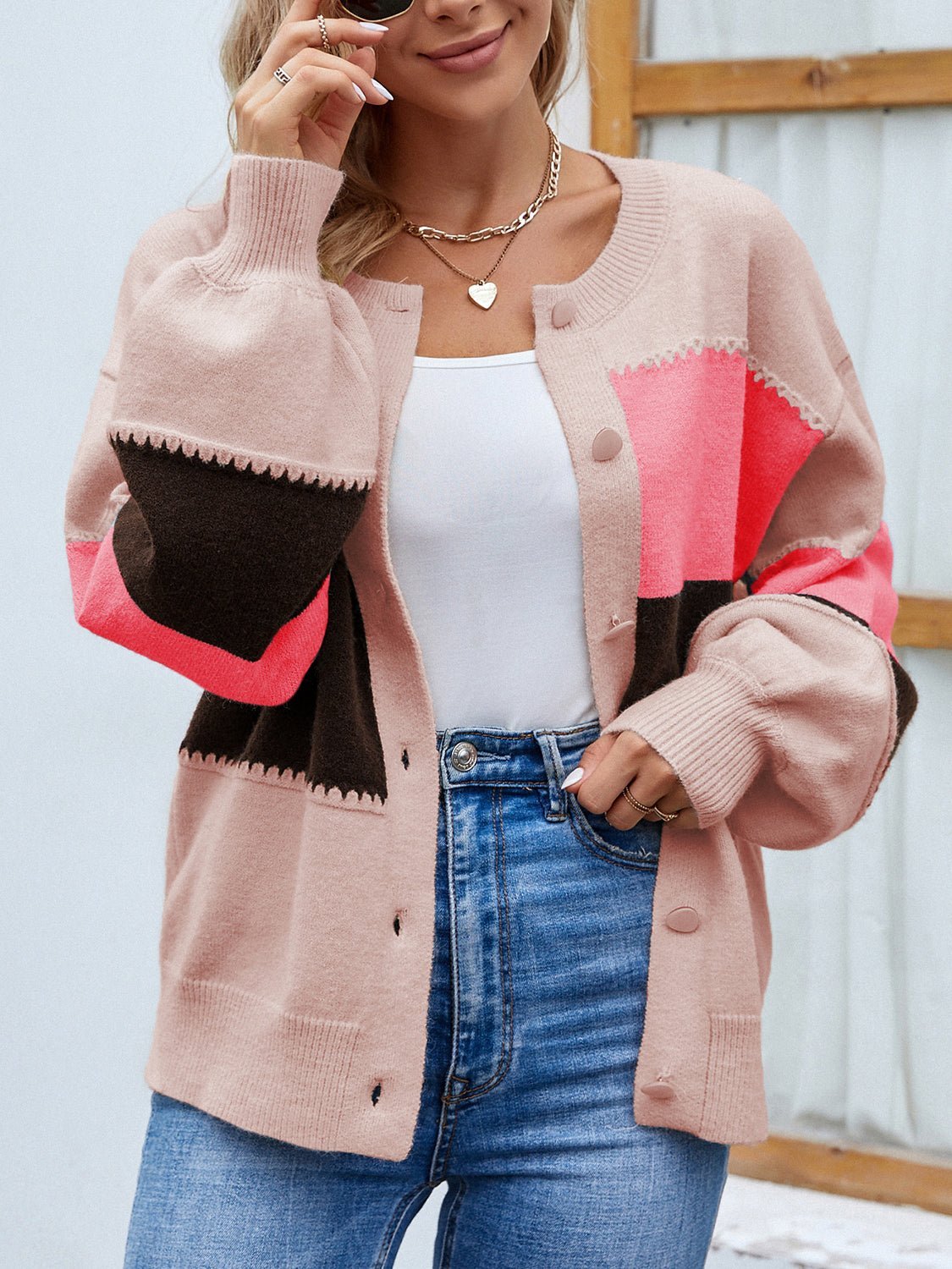 Color Block Button Up Lantern Sleeve Cardigan - Admiresty