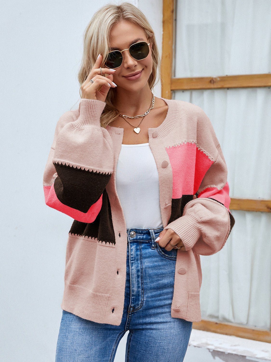 Color Block Button Up Lantern Sleeve Cardigan - Admiresty