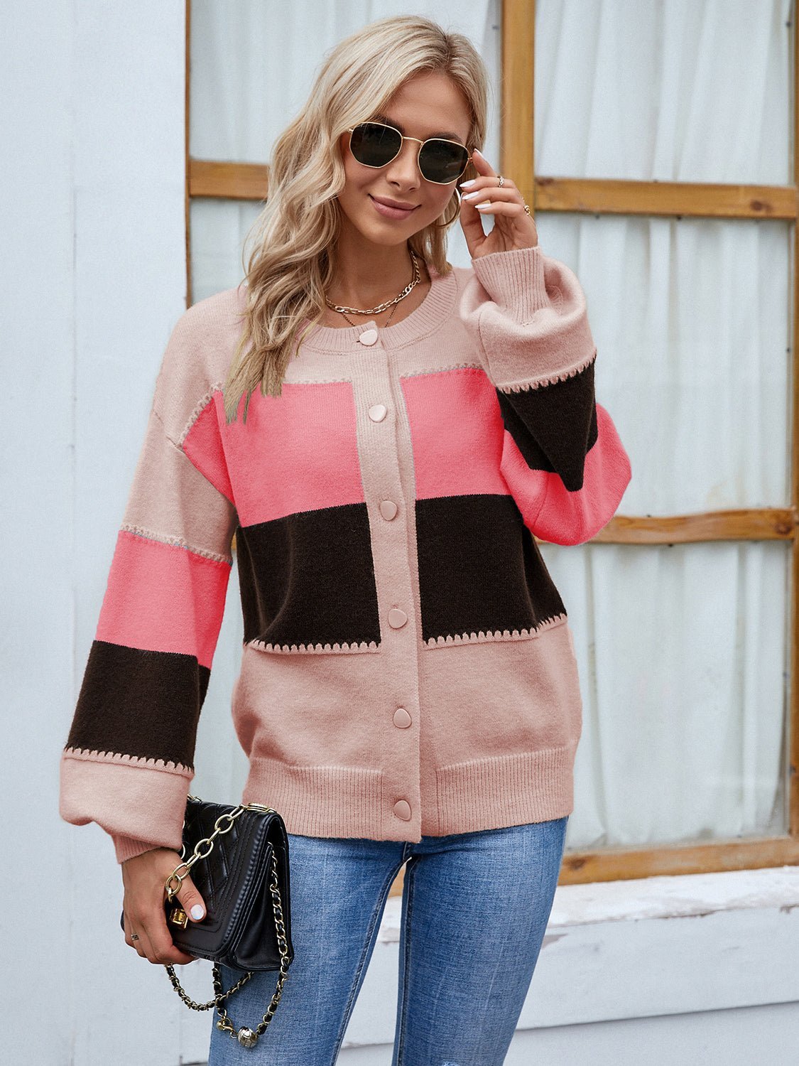 Color Block Button Up Lantern Sleeve Cardigan - Admiresty