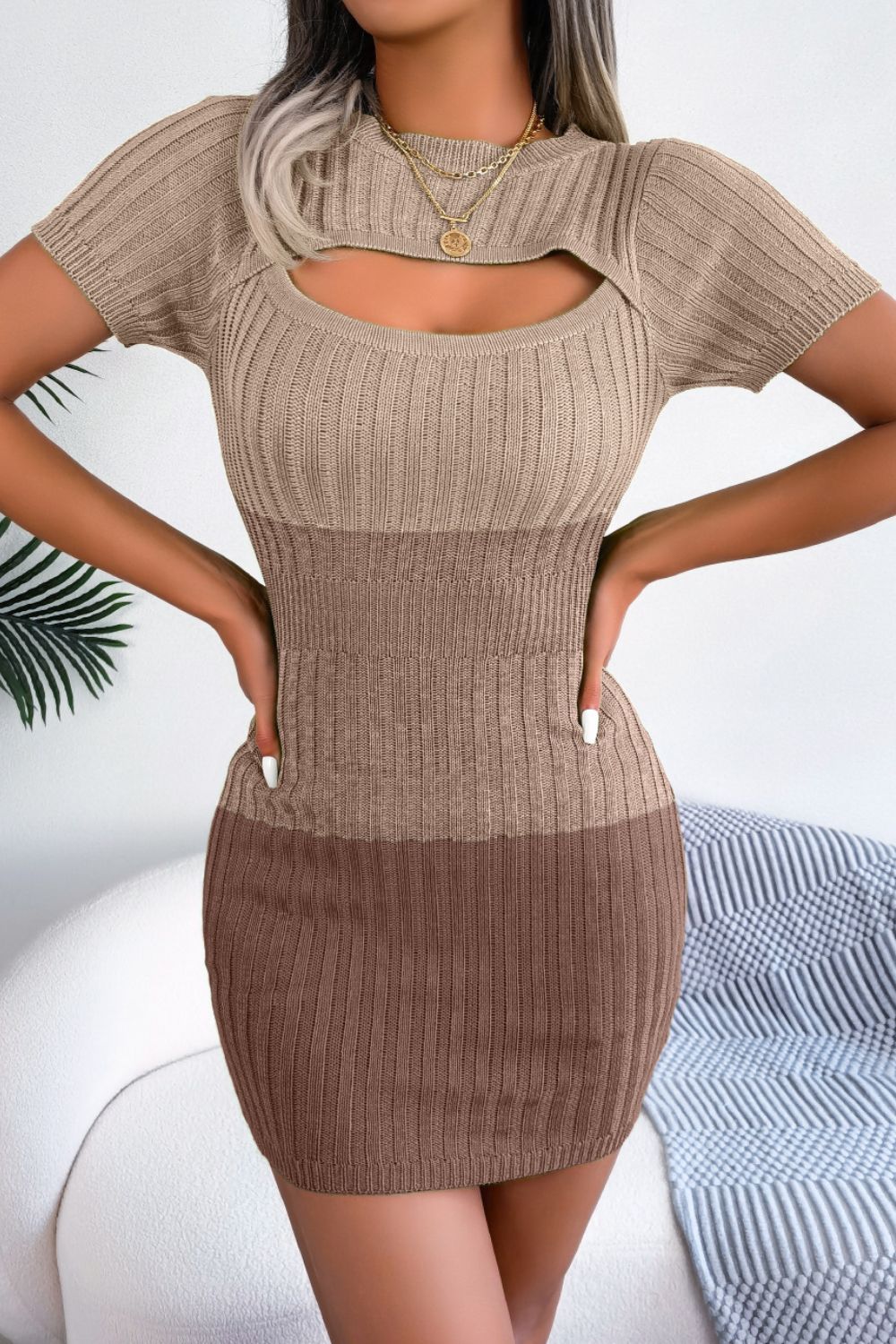 Color Block Cutout Short Sleeve Sweater Dress - Admiresty