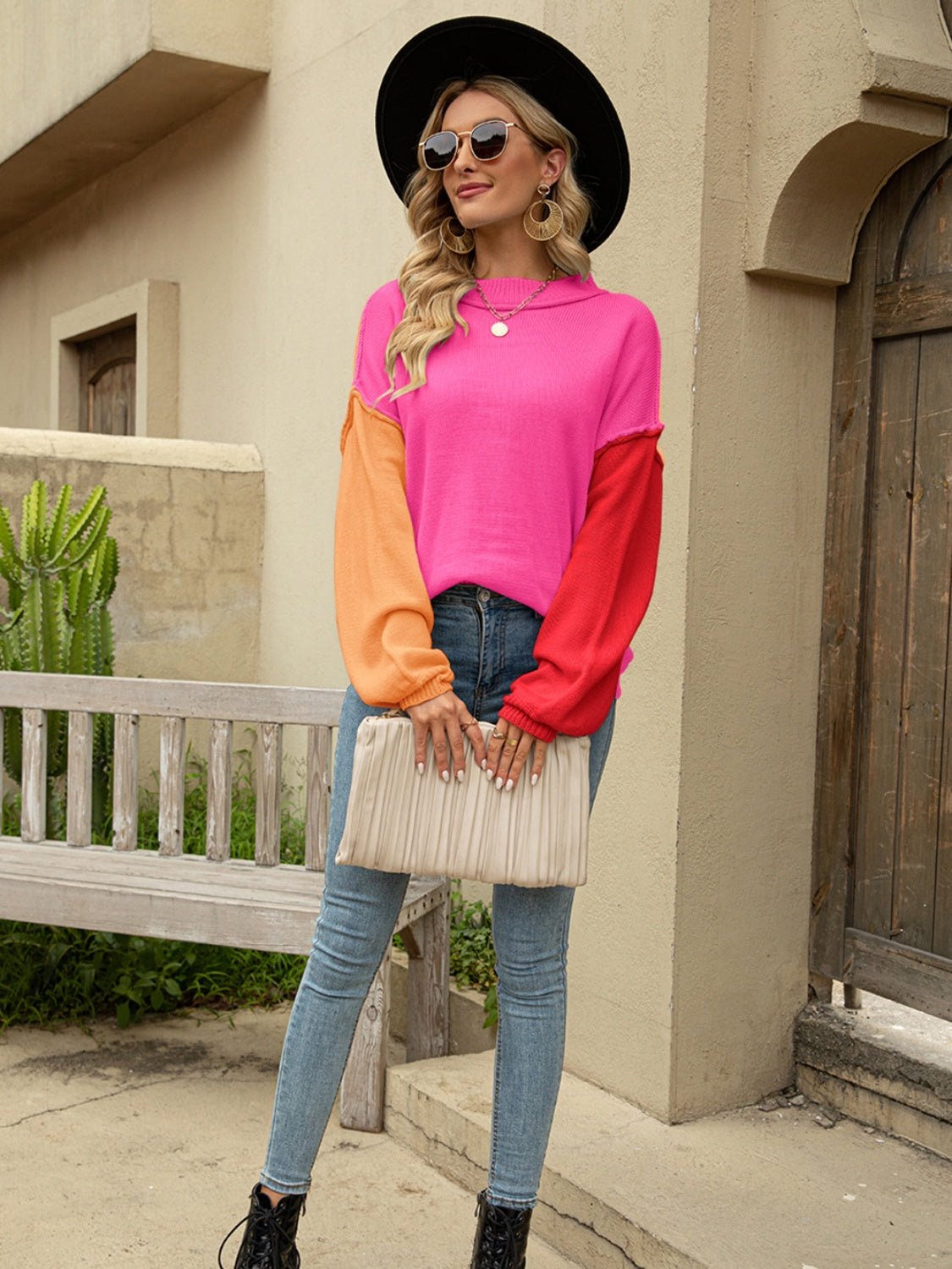 Color Block Dropped Shoulder Sweater - Admiresty