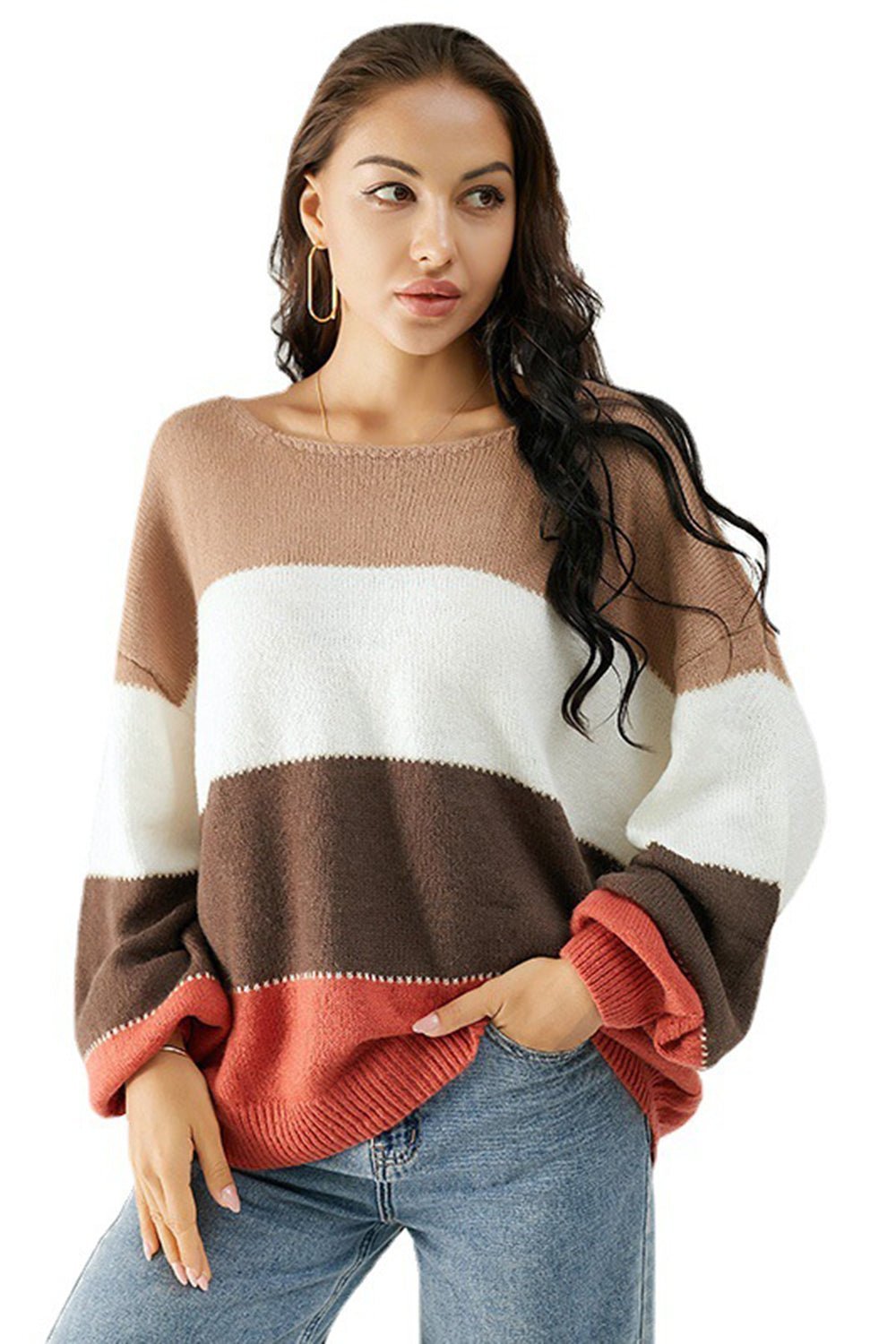 Color Block Dropped Shoulder Sweater - Admiresty