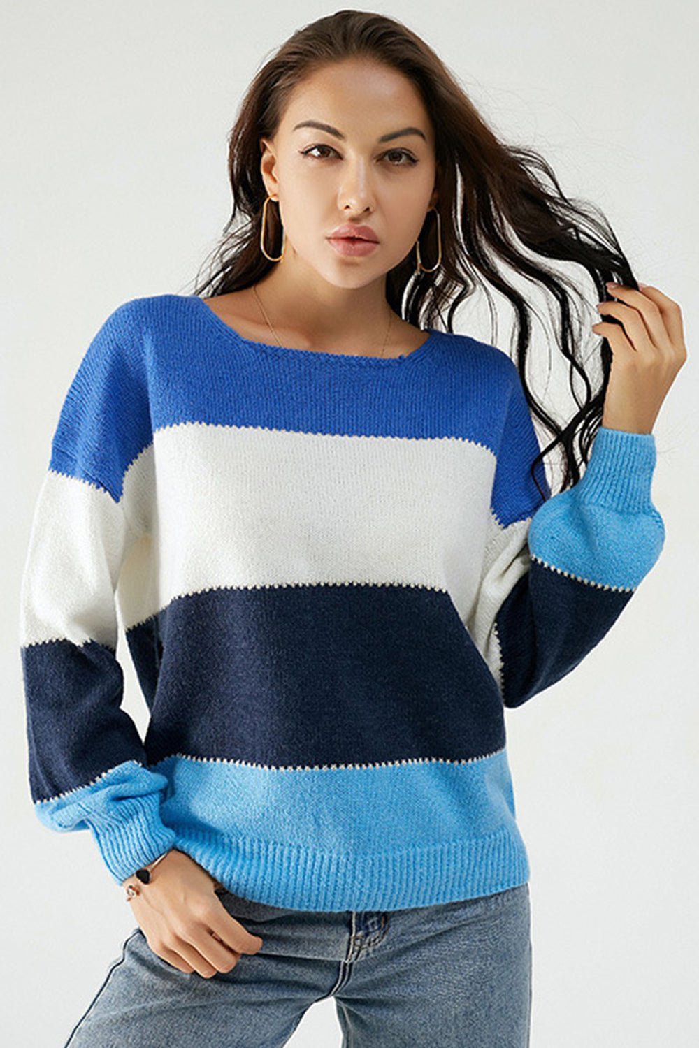 Color Block Dropped Shoulder Sweater - Admiresty