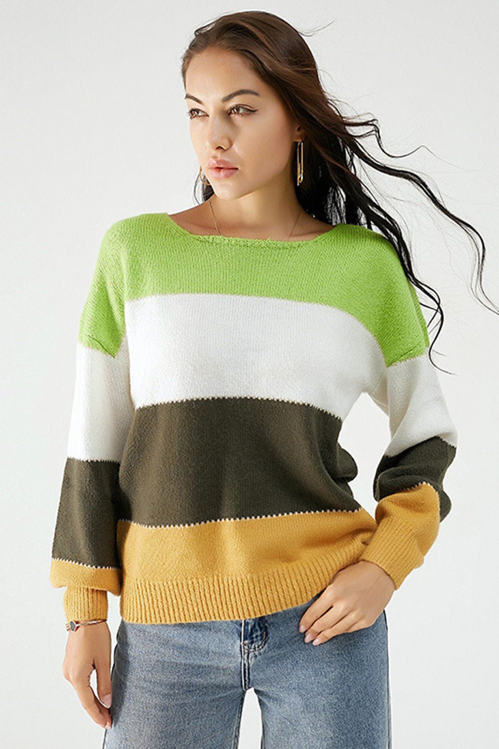 Color Block Dropped Shoulder Sweater - Admiresty