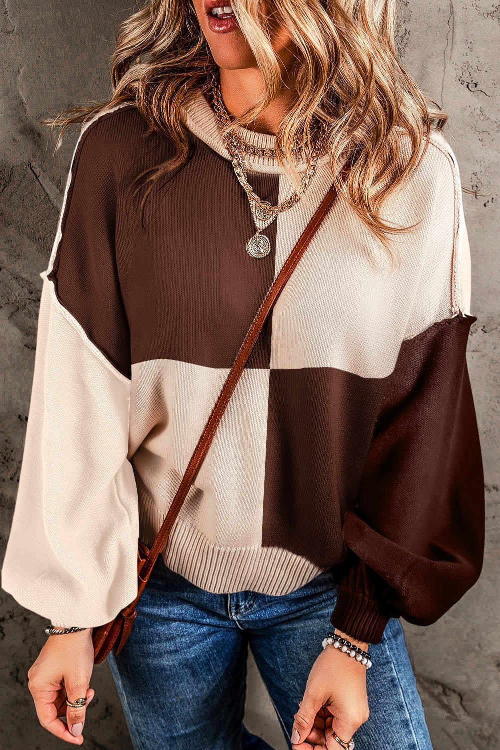 Color Block Exposed Seam Dropped Shoulder Sweater - Admiresty