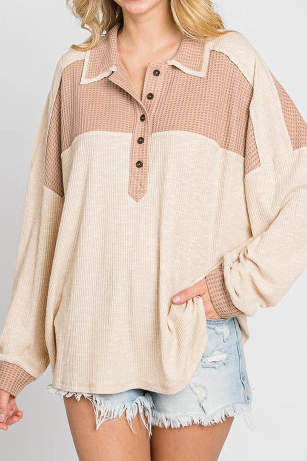 Color Block Half Button Up Blouse - Admiresty