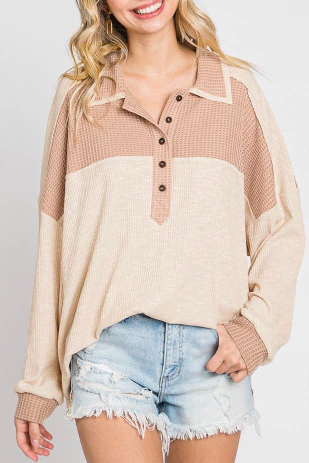 Color Block Half Button Up Blouse - Admiresty