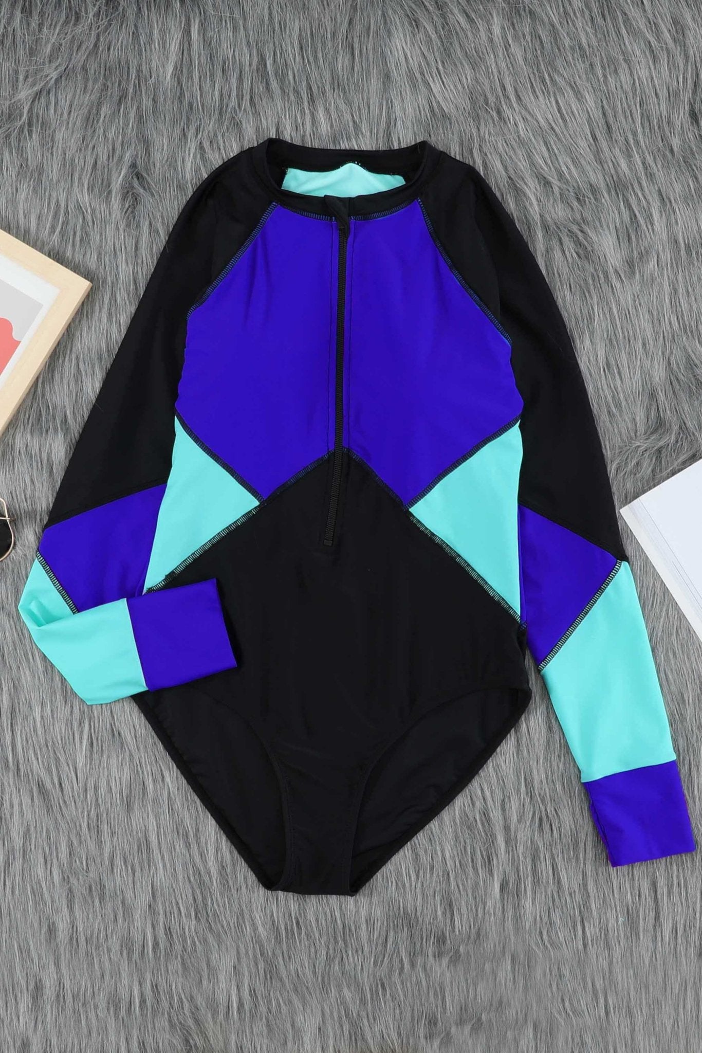 Color Block Half Zip Long Sleeve One - Piece Swimsuit - Admiresty