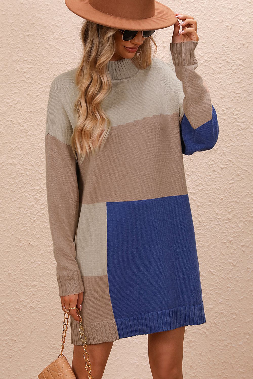 Color Block Mock Neck Dropped Shoulder Sweater Dress - Admiresty