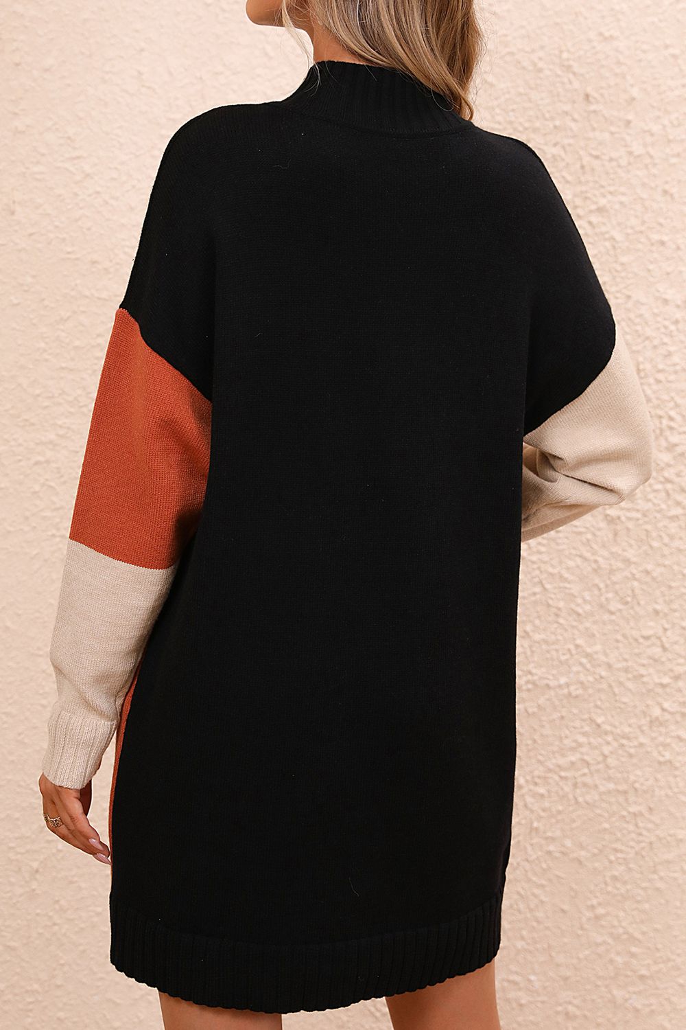 Color Block Mock Neck Dropped Shoulder Sweater Dress - Admiresty