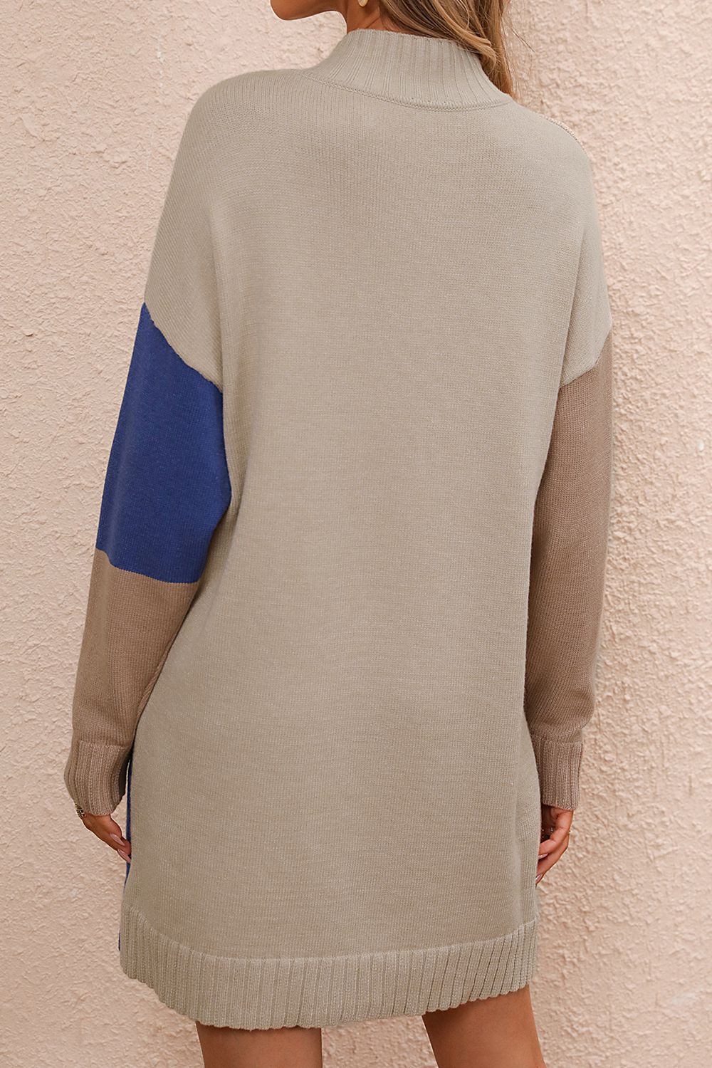 Color Block Mock Neck Dropped Shoulder Sweater Dress - Admiresty