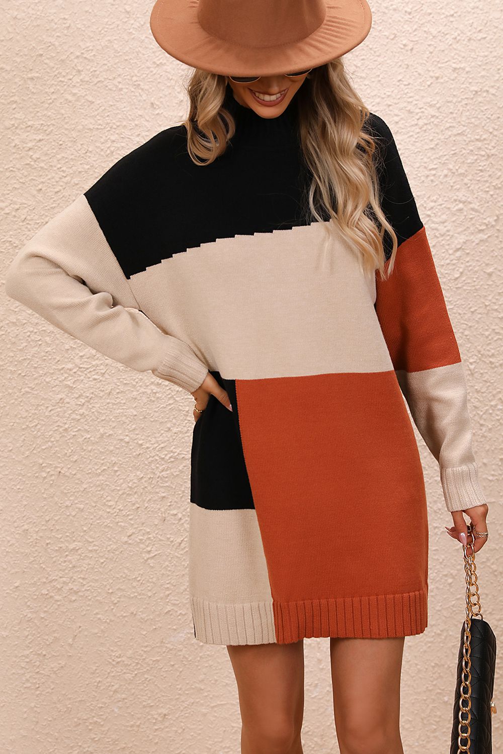 Color Block Mock Neck Dropped Shoulder Sweater Dress - Admiresty