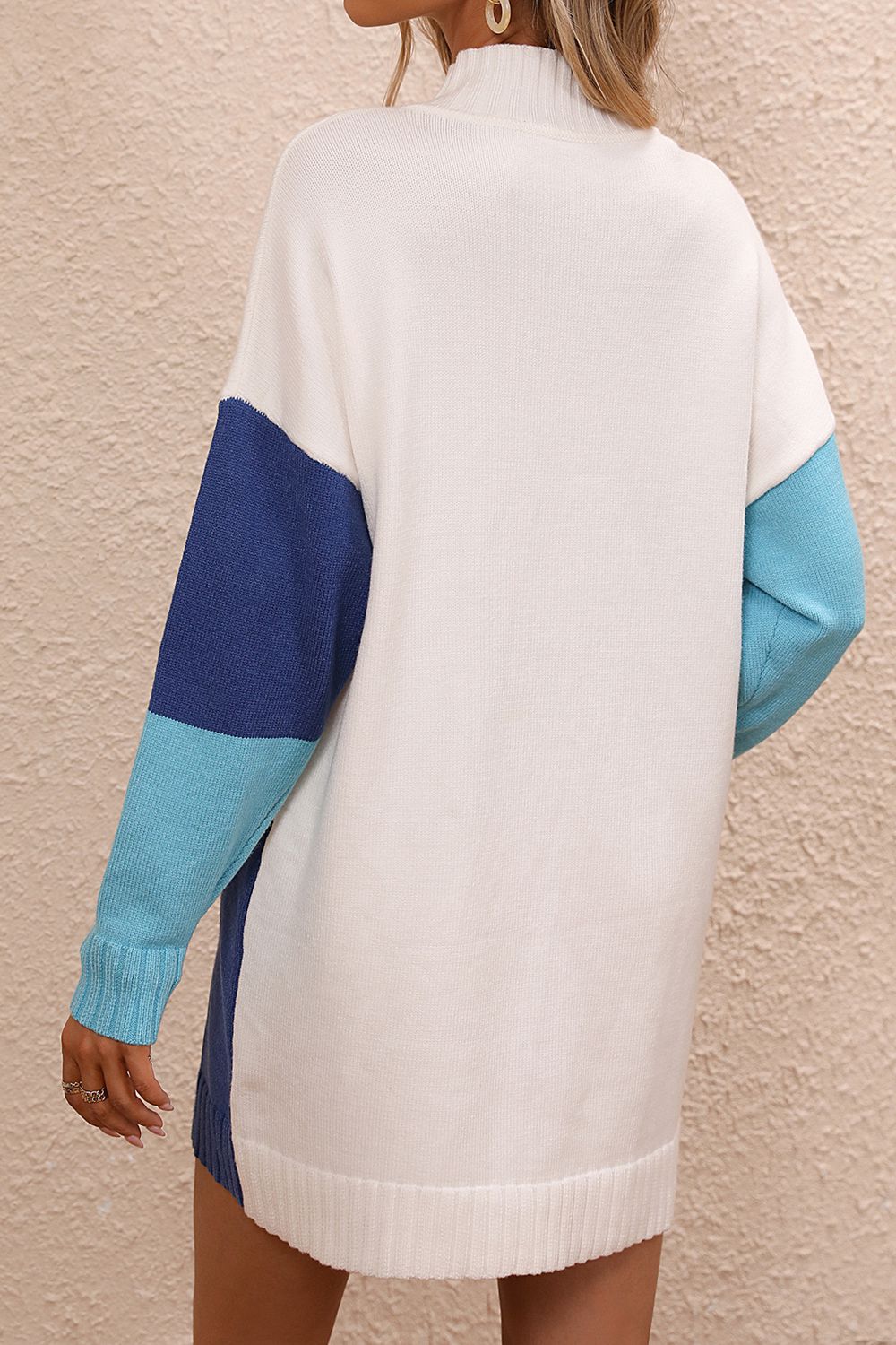 Color Block Mock Neck Dropped Shoulder Sweater Dress - Admiresty