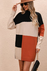 Color Block Mock Neck Dropped Shoulder Sweater Dress - Admiresty