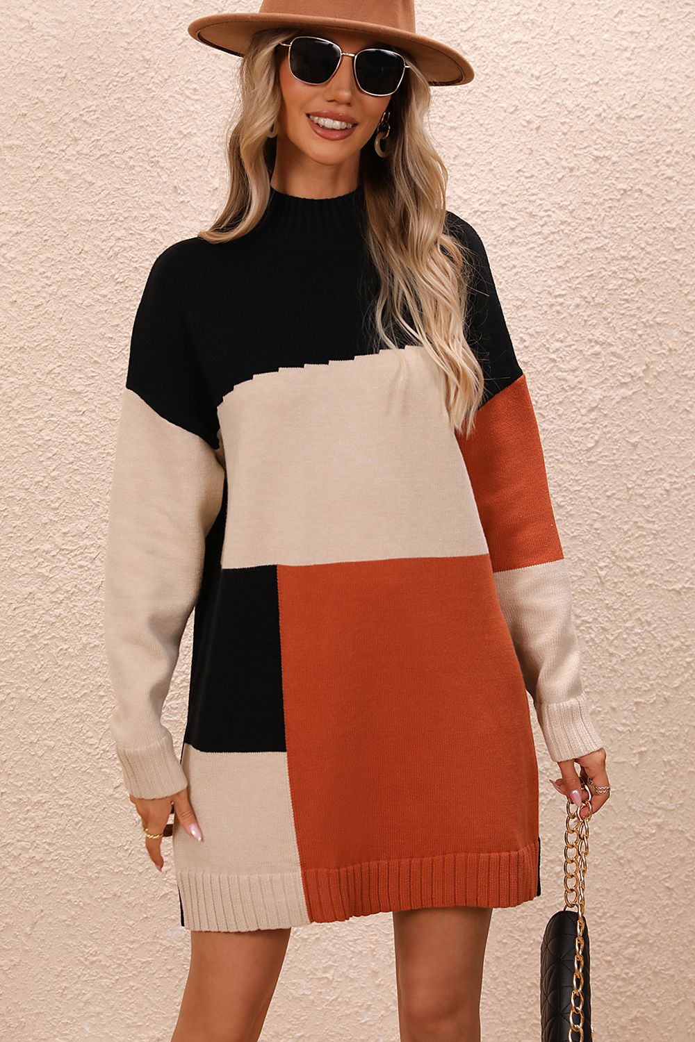 Color Block Mock Neck Dropped Shoulder Sweater Dress - Admiresty