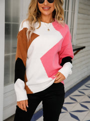 Color Block Round Neck Dropped Shoulder Sweater - Admiresty