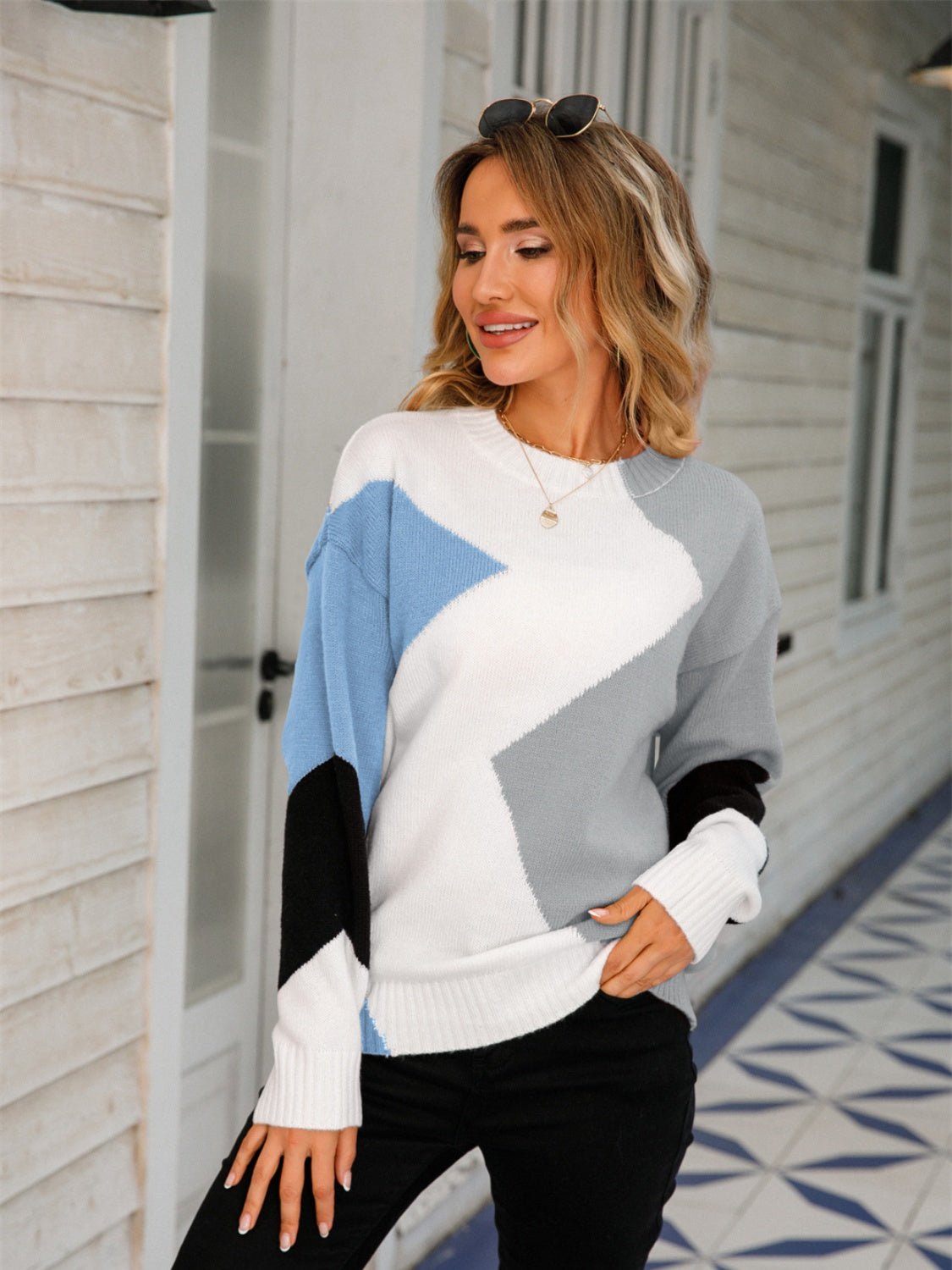 Color Block Round Neck Dropped Shoulder Sweater - Admiresty