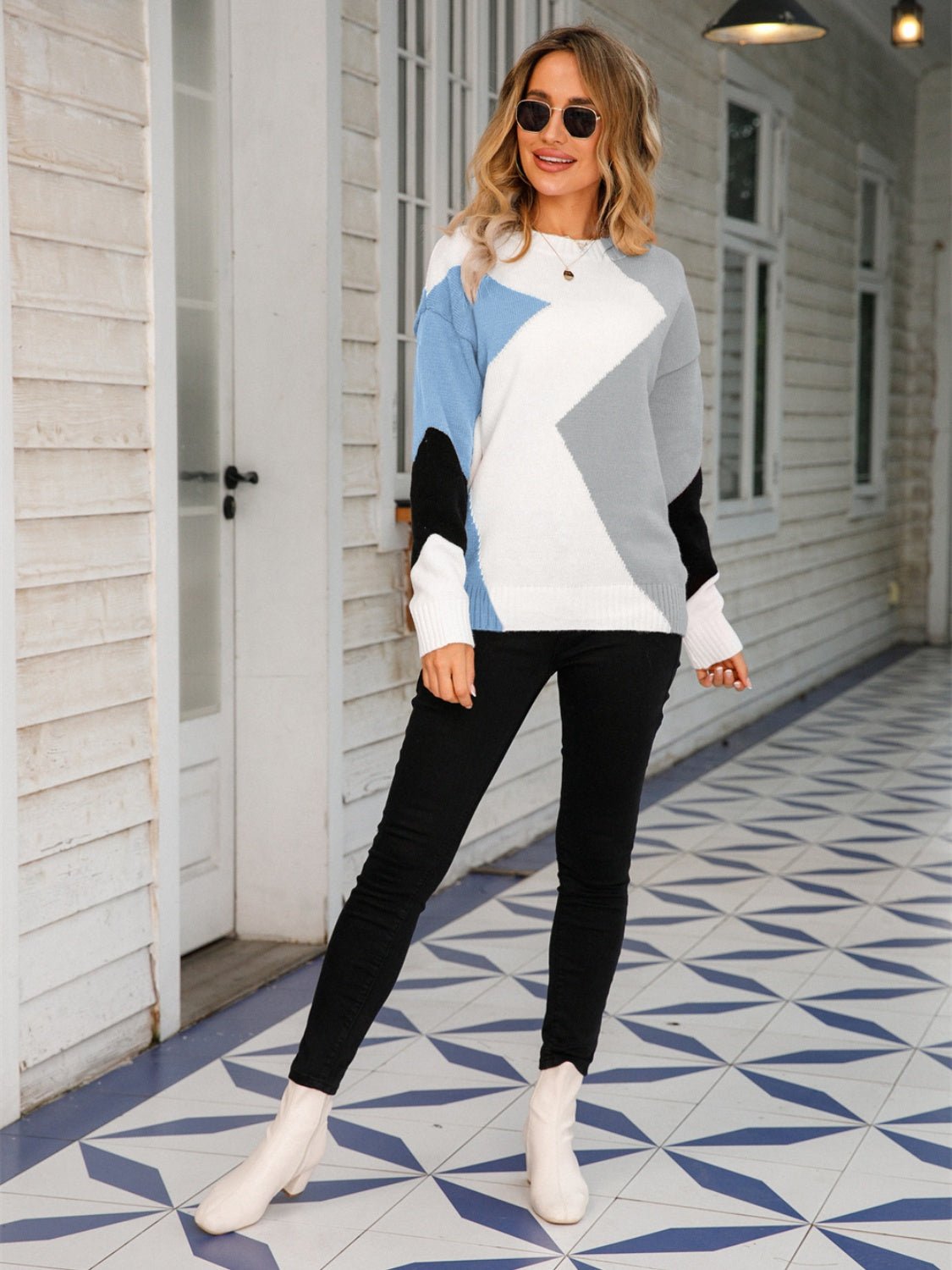 Color Block Round Neck Dropped Shoulder Sweater - Admiresty