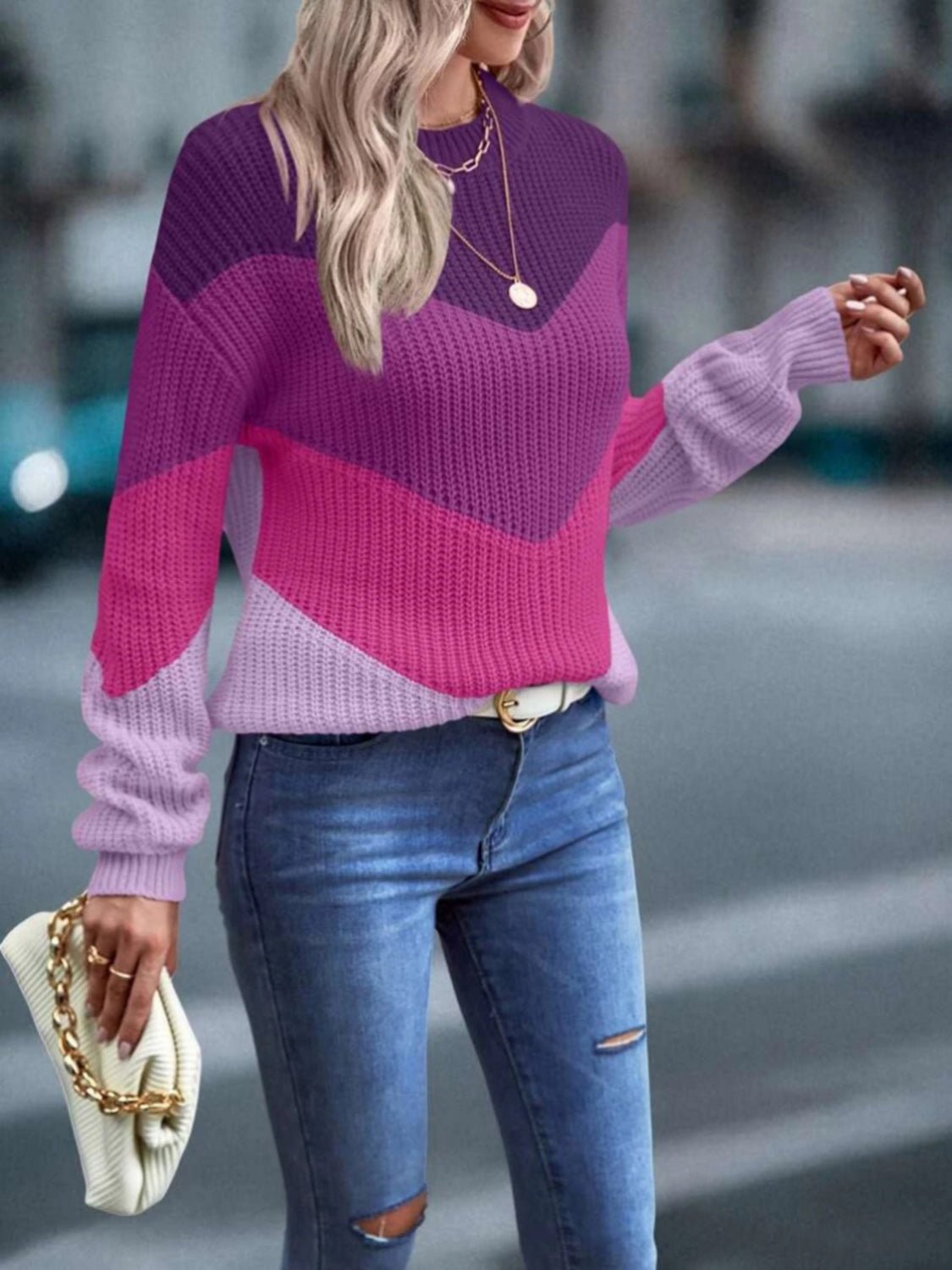 Color Block Round Neck Dropped Shoulder Sweater - Admiresty